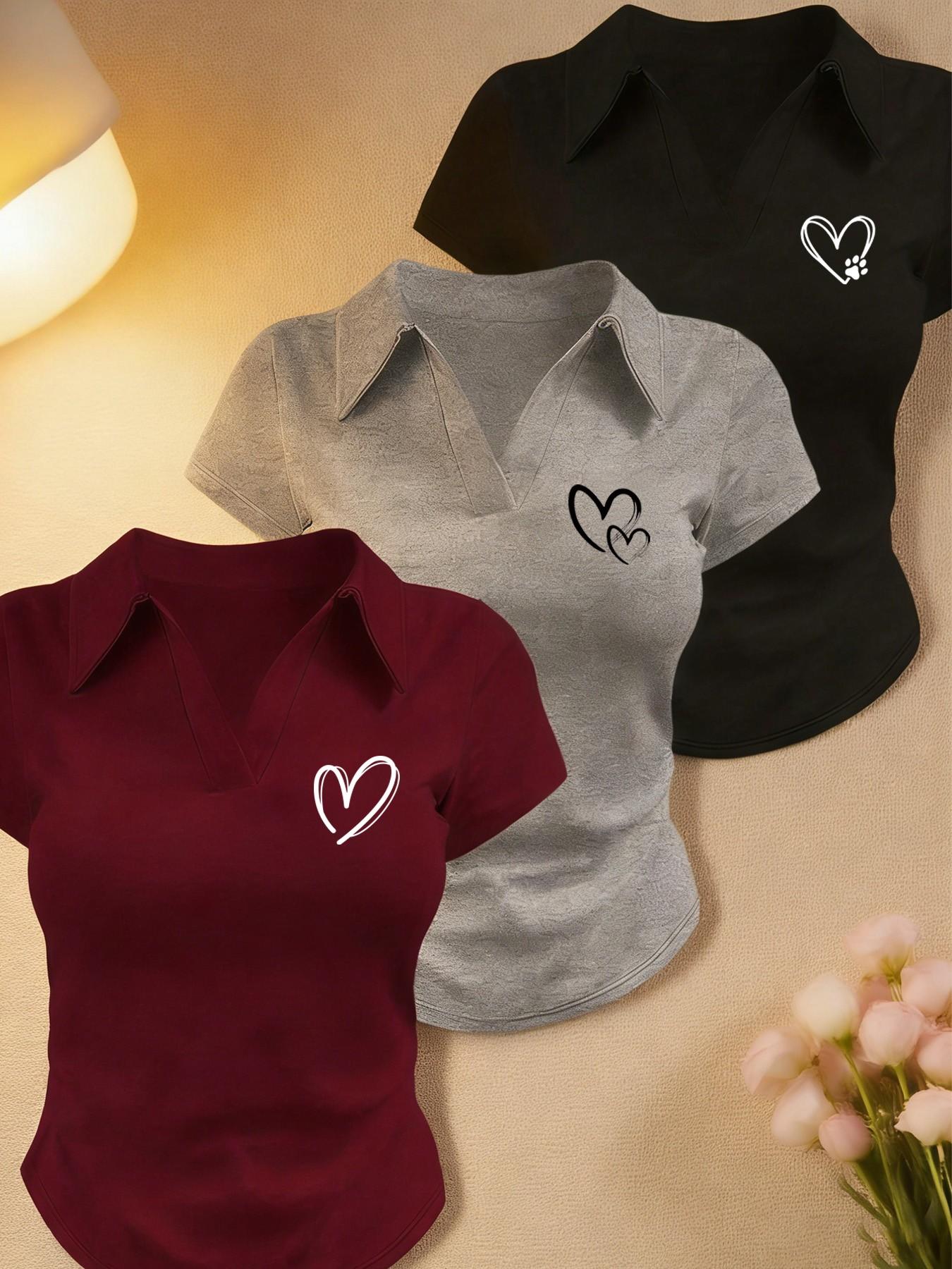 Women's 3 Pack Heart Graphic Polo Shirts, Short Sleeve V Neck Slim Fit Crop Tops, Soft Stretchy Y2K Aesthetic Tees, Casual Going Out Daily Wear for Teens, Juniors & Young Adults Women's 3 Pack Heart Graphic Polo Shirts, Short Sleeve V Neck Slim Fit Crop Tops, Soft Stretchy Y2K Aesthetic Tees, Casual Going Out Daily Wear for Teens, Juniors & Young Adults