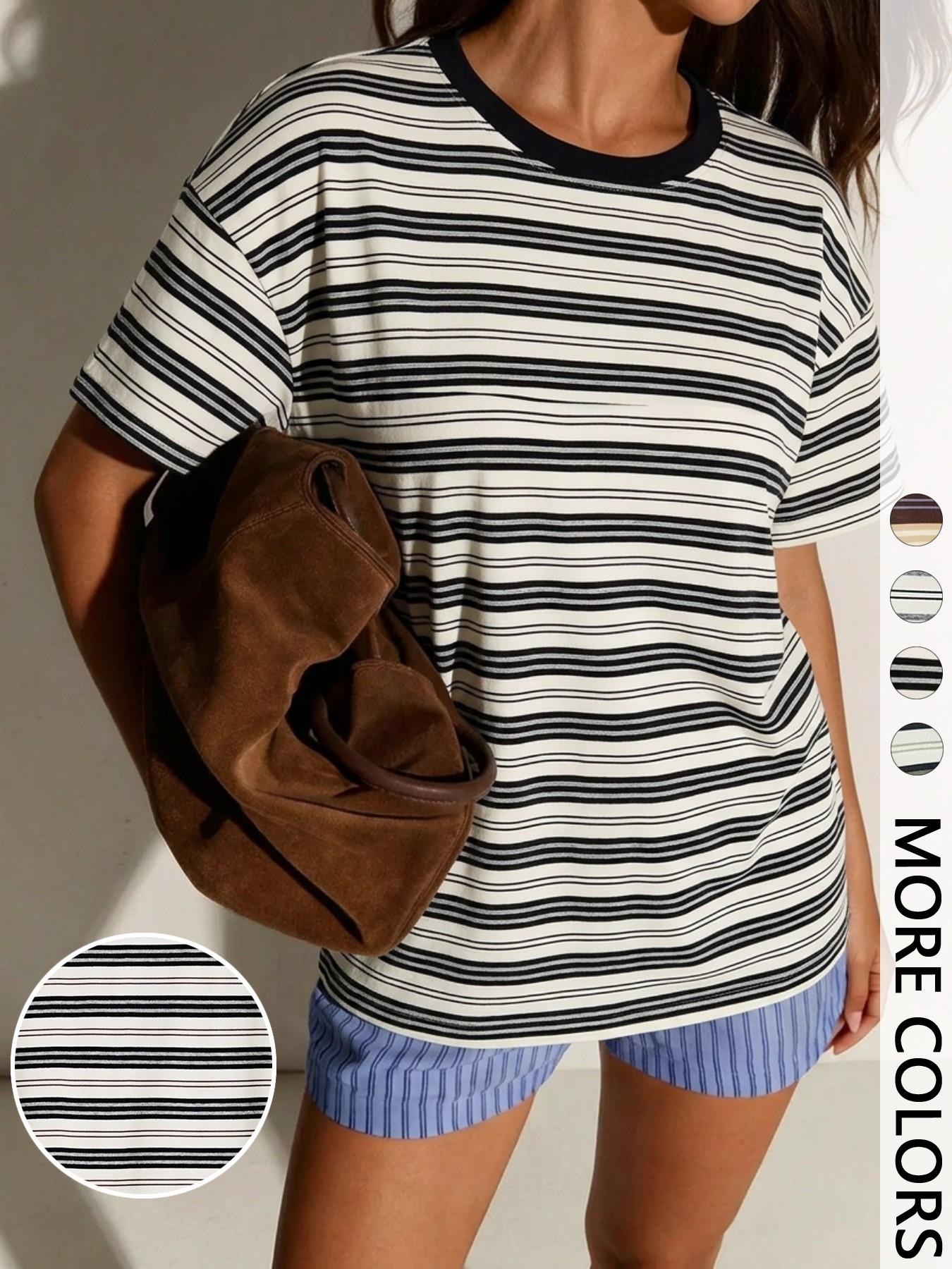 Striped Oversized Round Neck Short Summer Tee with Contrast Neckline, Effortlessly Cool Casual Chic Everyday Top Fit