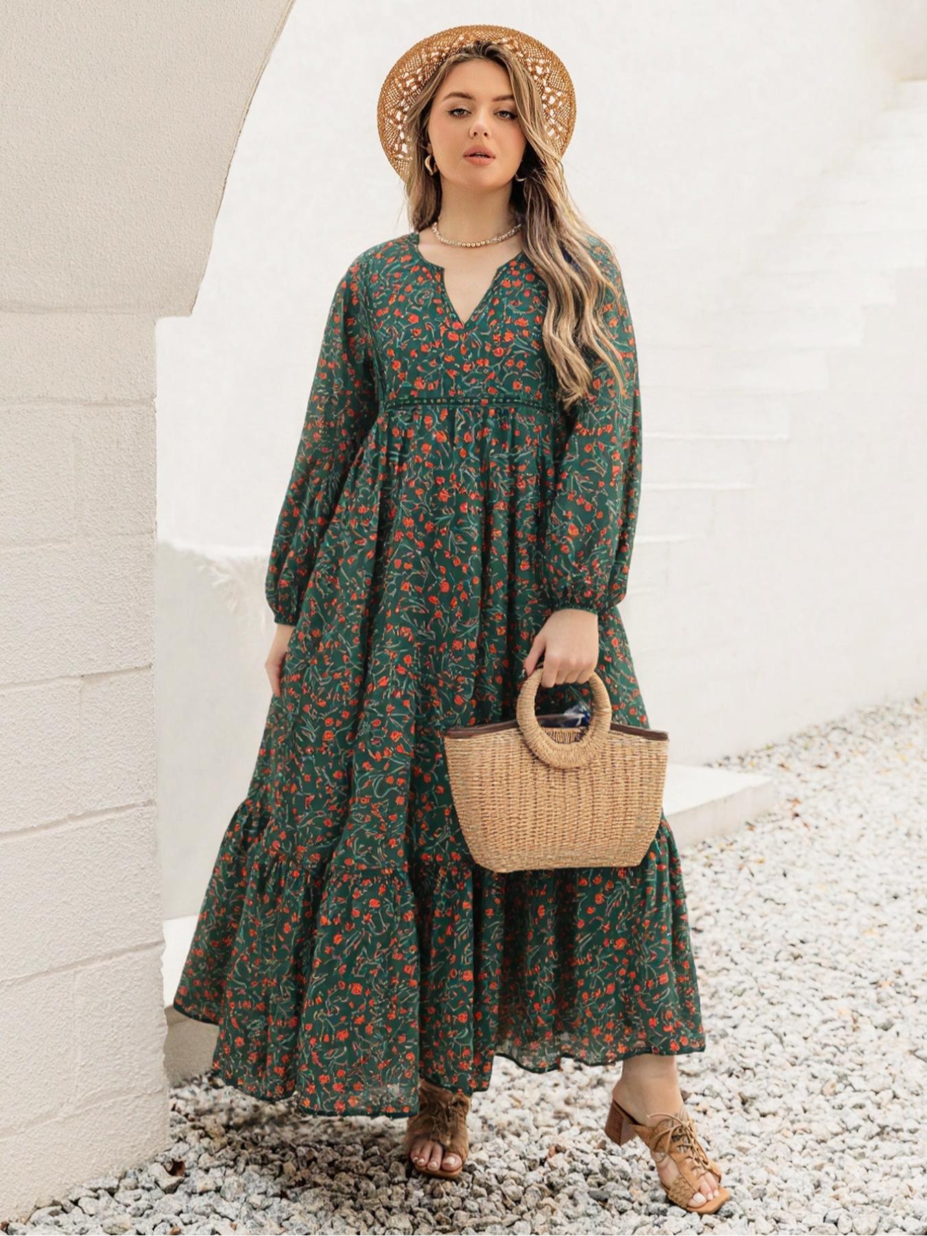 Plus Size Women's Floral Woven Dress, Fall Winter V Neck Tie Back Lace Trim Long Sleeve Maxi Dress, Casual Elegant Fashion Plus Size Women's Floral Woven Dress, Fall Winter V Neck Tie Back Lace Trim Long Sleeve Maxi Dress, Casual Elegant Fashion