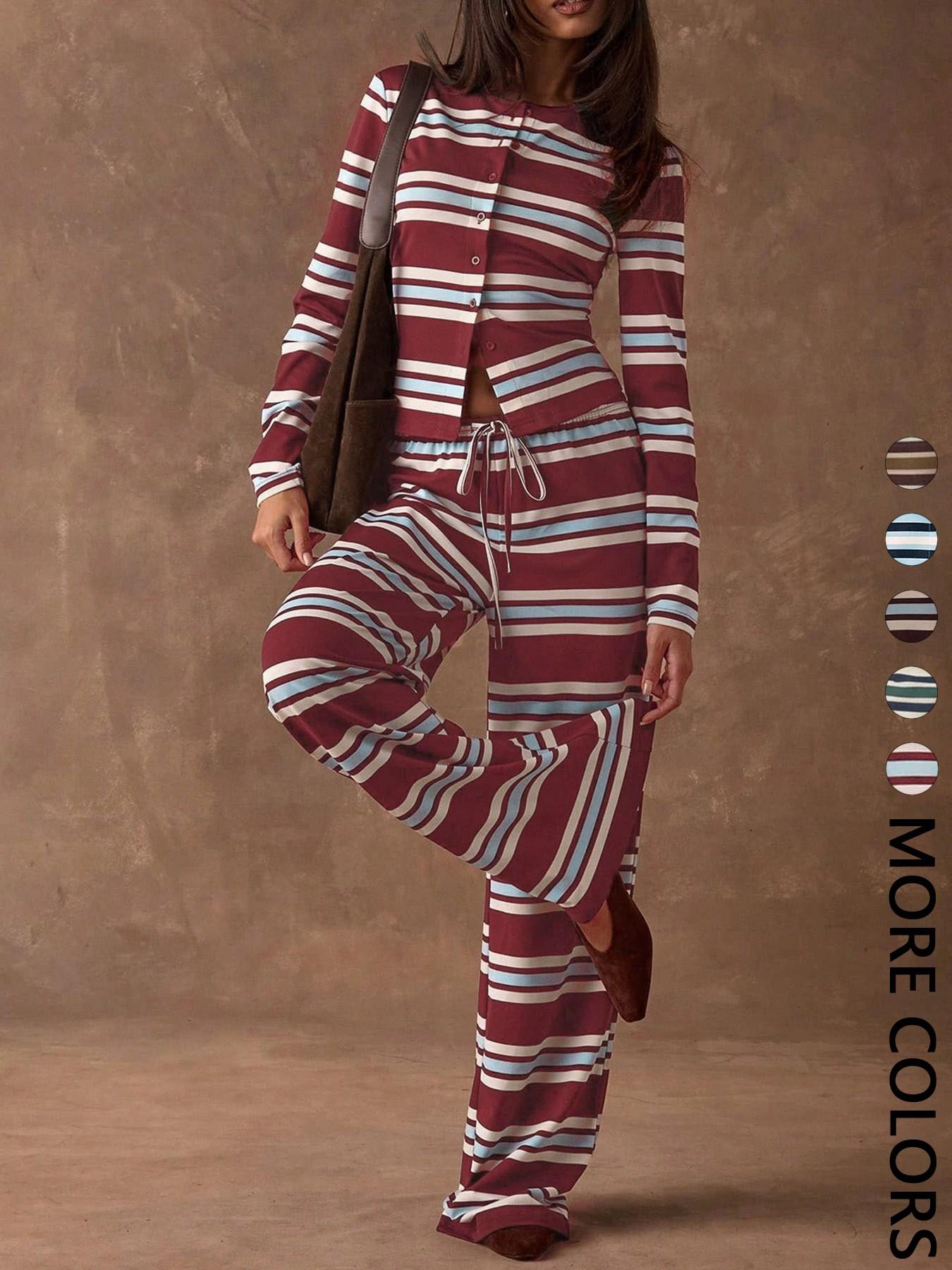 Women's Striped Knit Two-Piece Set, Crew Neck Long Sleeve Button Front Crop Top, Elastic Waist Drawstring Wide Leg Pants, Daily Casual Loungewear Vacation Wear, Soft Stretchy Breathable