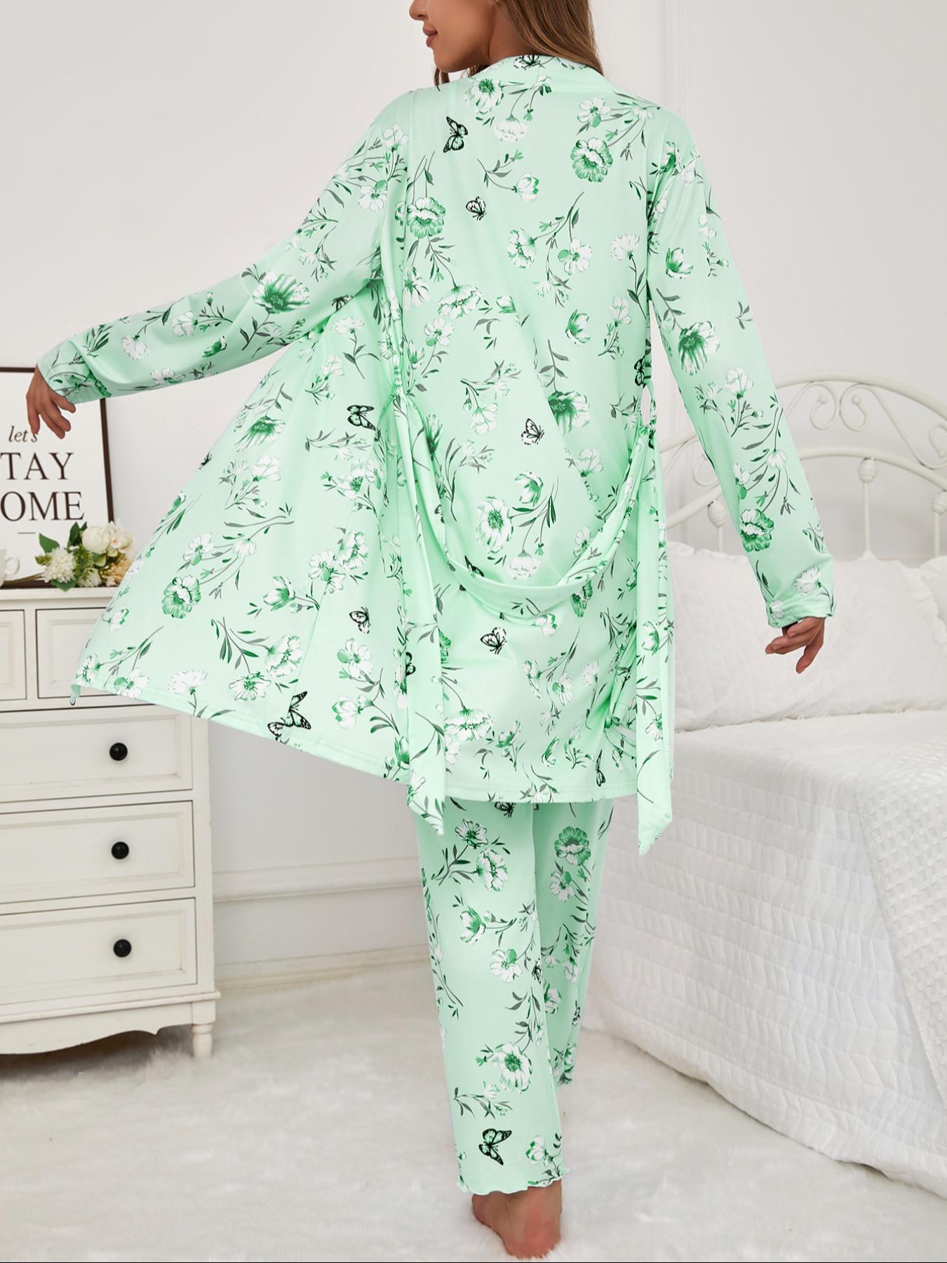 Three-Piece Set Women's Floral Butterfly Print Belted Long Sleeve Lounge Robe & Lettuce Trim Cami Top & Pants Pyjama Set, Casual Comfy Sleepwear & Loungewear for Women, Ladies Pajama Set for All Seasons, Summer Lounge Set