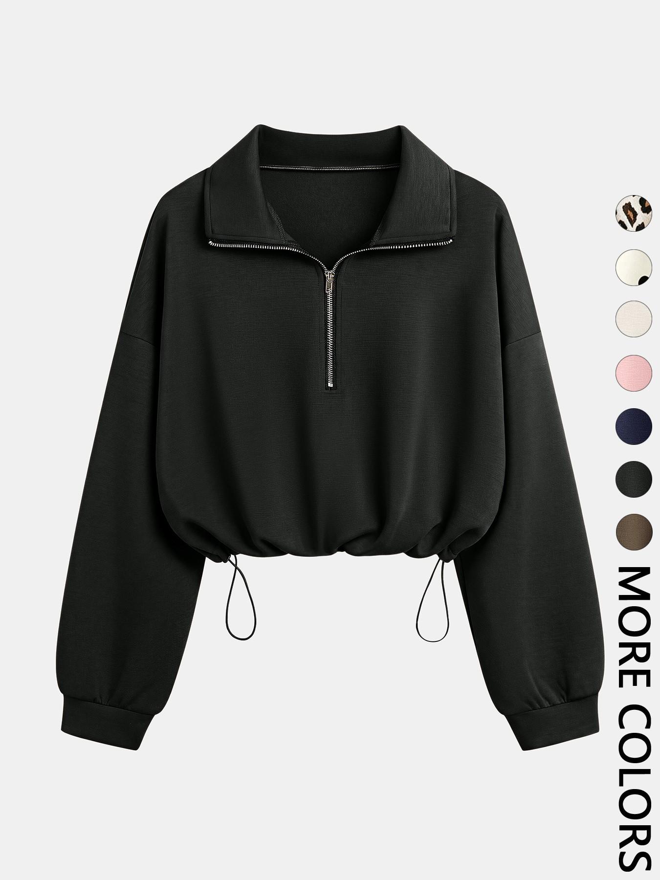 Women's Half-Zip Stand Collar Drawstring Adjustable Short Sweatshirt, Spring & Fall Casual Fashion, Comfortable and Stylish