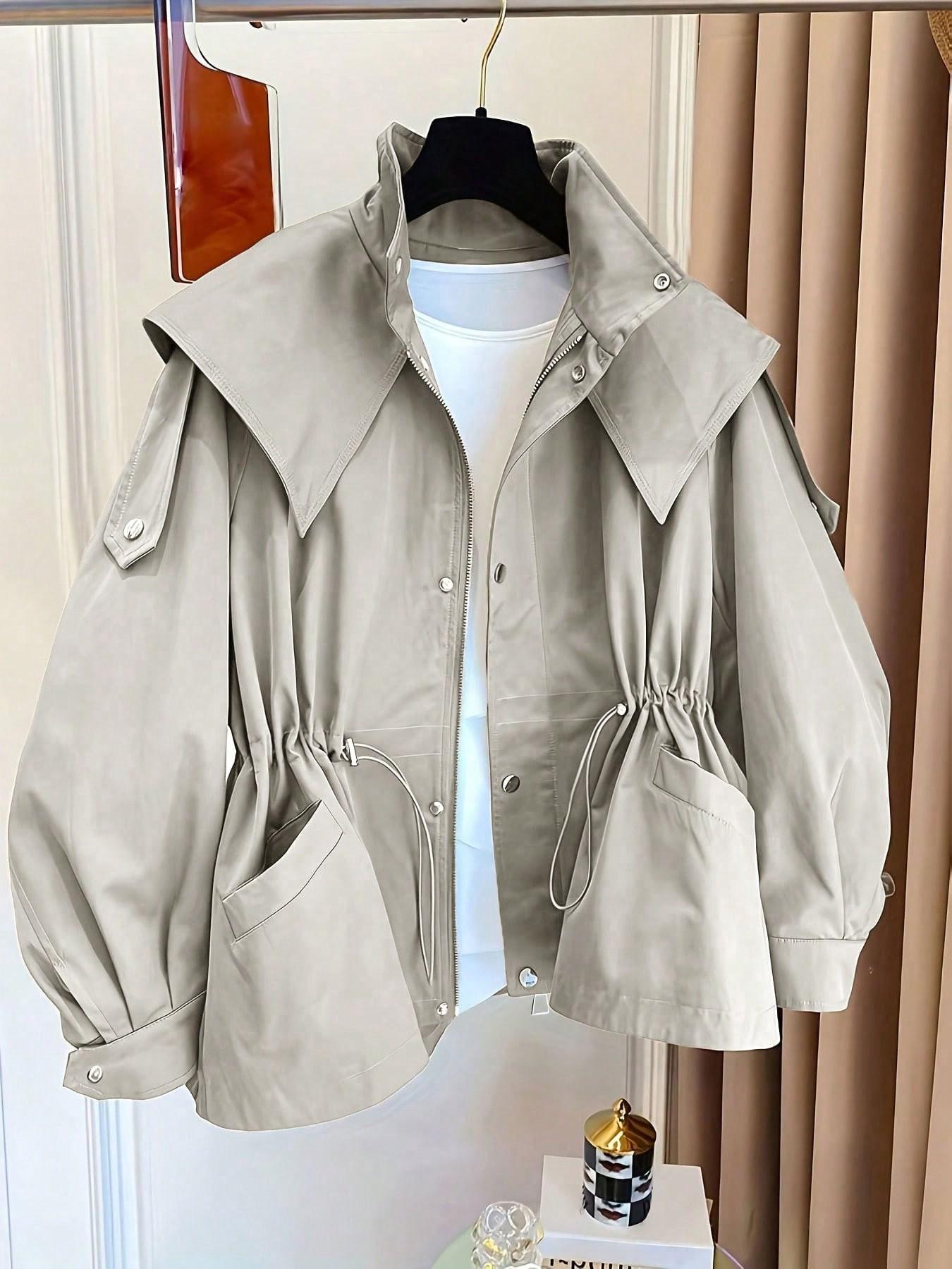 Women's Elegant Baggy Windbreaker Coat, Workwear Jacket, Drawstring Waist Design, Pockets Included, Essential for Fall and Winter
