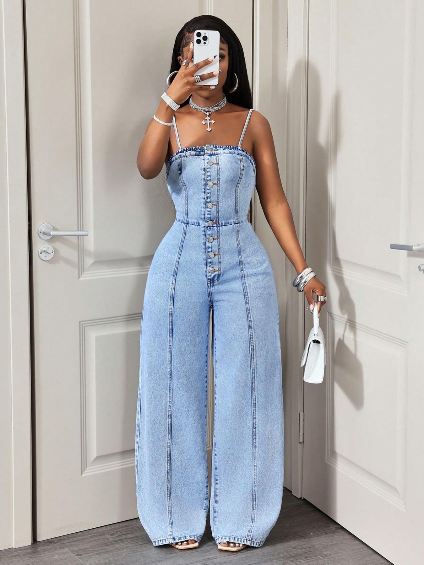 Women's Casual Denim Halter Backless Wide Leg Pants, Spring & Fall Fashion, Slim-Fitting Solid Pattern, Daily Wear
