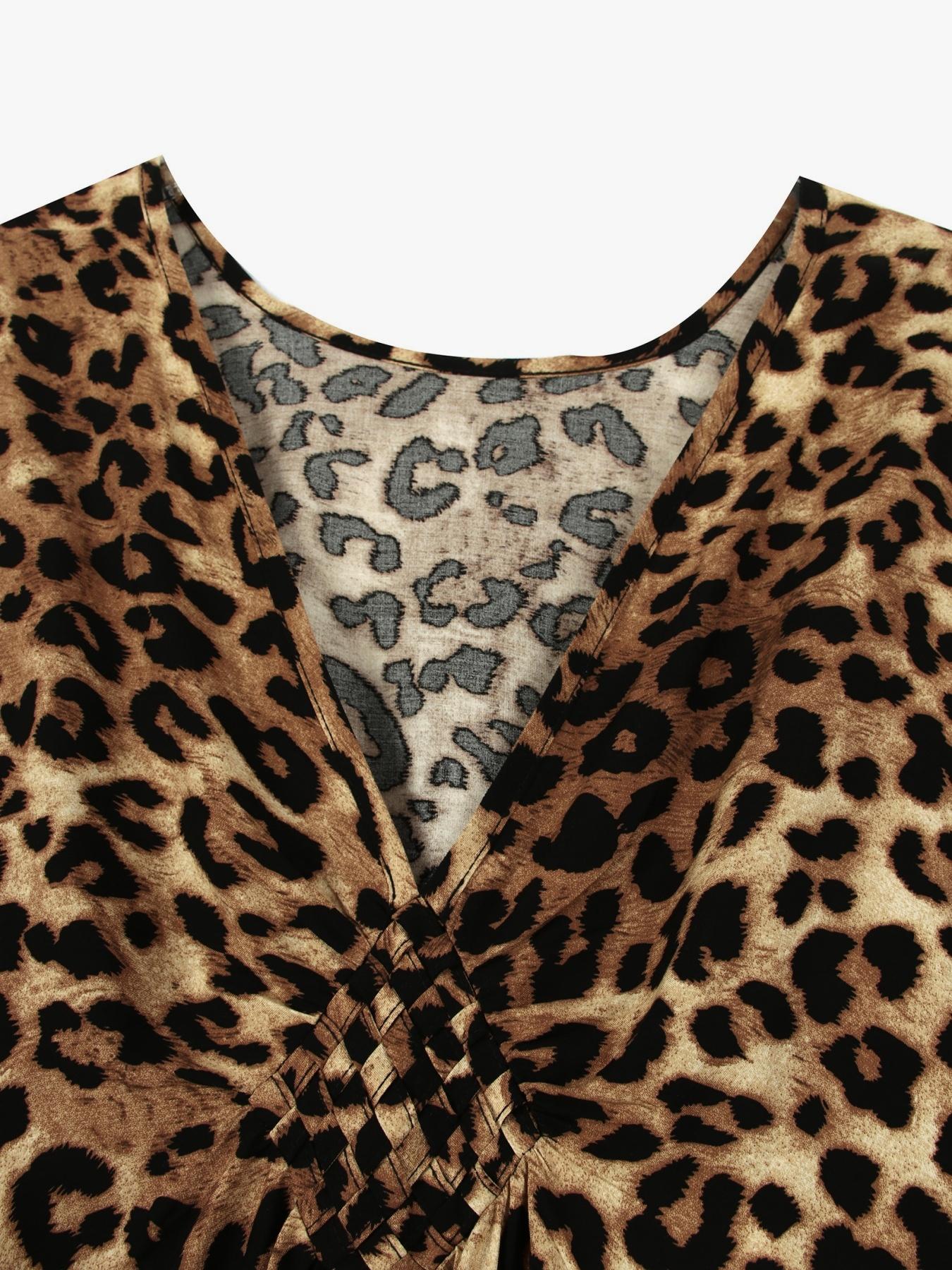 Women's Leopard Print Batwing Sleeve Split Hem Kaftan Dress, Casual Modest Style V-Neck 3/4 Sleeve Long Dress for Fall & Winter, Women's Islamic Clothing for Daily Wear Women's Leopard Print Batwing Sleeve Split Hem Kaftan Dress, Casual Modest Style V-Neck 3/4 Sleeve Long Dress for Fall & Winter, Women's Islamic Clothing for Daily Wear