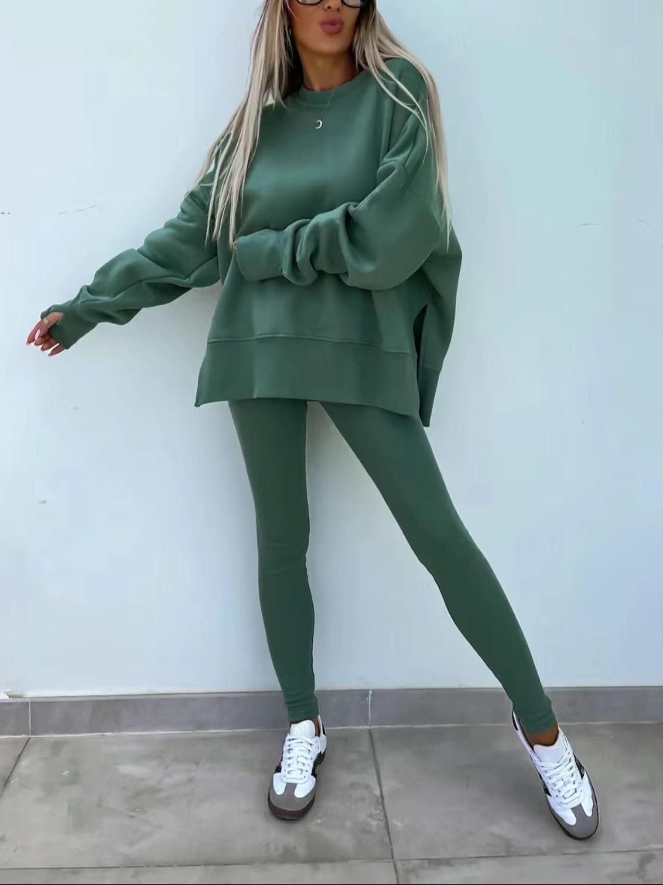 Women's Plain Drop Shoulder Baggy Sweatshirt Outfit Set, Everyday Casual Fashion Comfortable Long Sleeve Pullover, Elastic Waist Pants, Spring & Fall