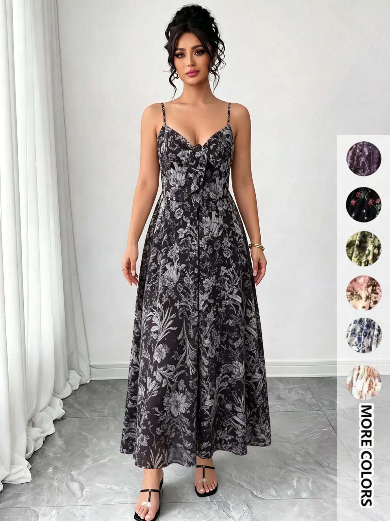 Women's Floral Print Cami Dress, Boho Fashion Casual A Line Dress for Beach Holiday Vacation, Ladies Dress for Summer Women's Floral Print Cami Dress, Boho Fashion Casual A Line Dress for Beach Holiday Vacation, Ladies Dress for Summer