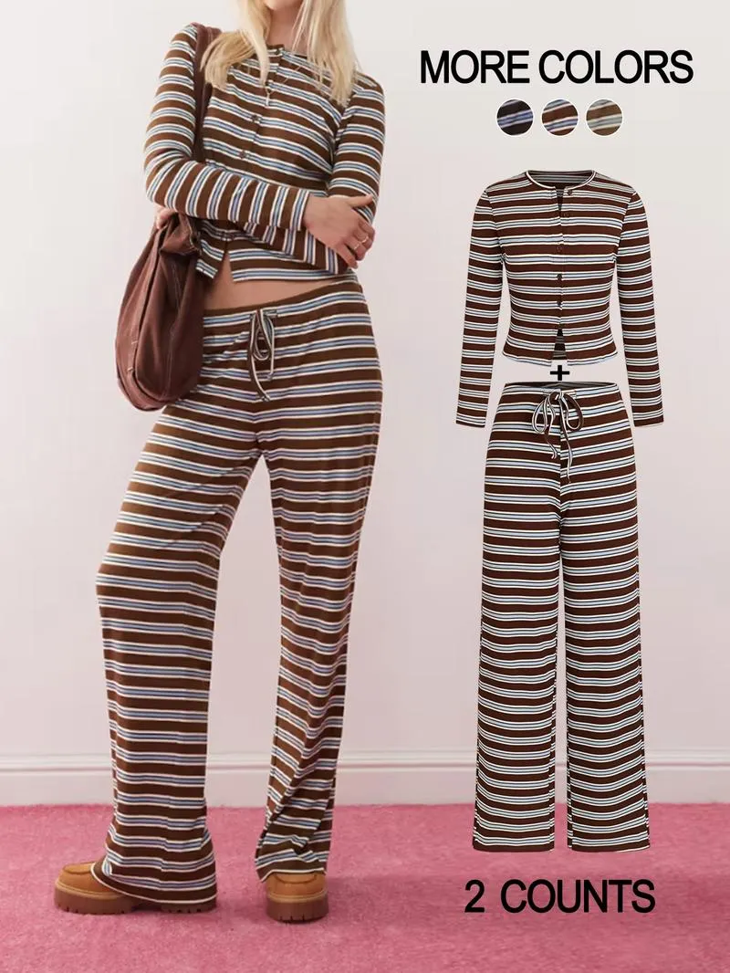 Women's Casual Colorblock Striped Long Sleeve Top & Loose-Fit Pants Set, Perfect for Holidays, Commuting, Daily Wear Women's Casual Colorblock Striped Long Sleeve Top & Loose-Fit Pants Set, Perfect for Holidays, Commuting, Daily Wear