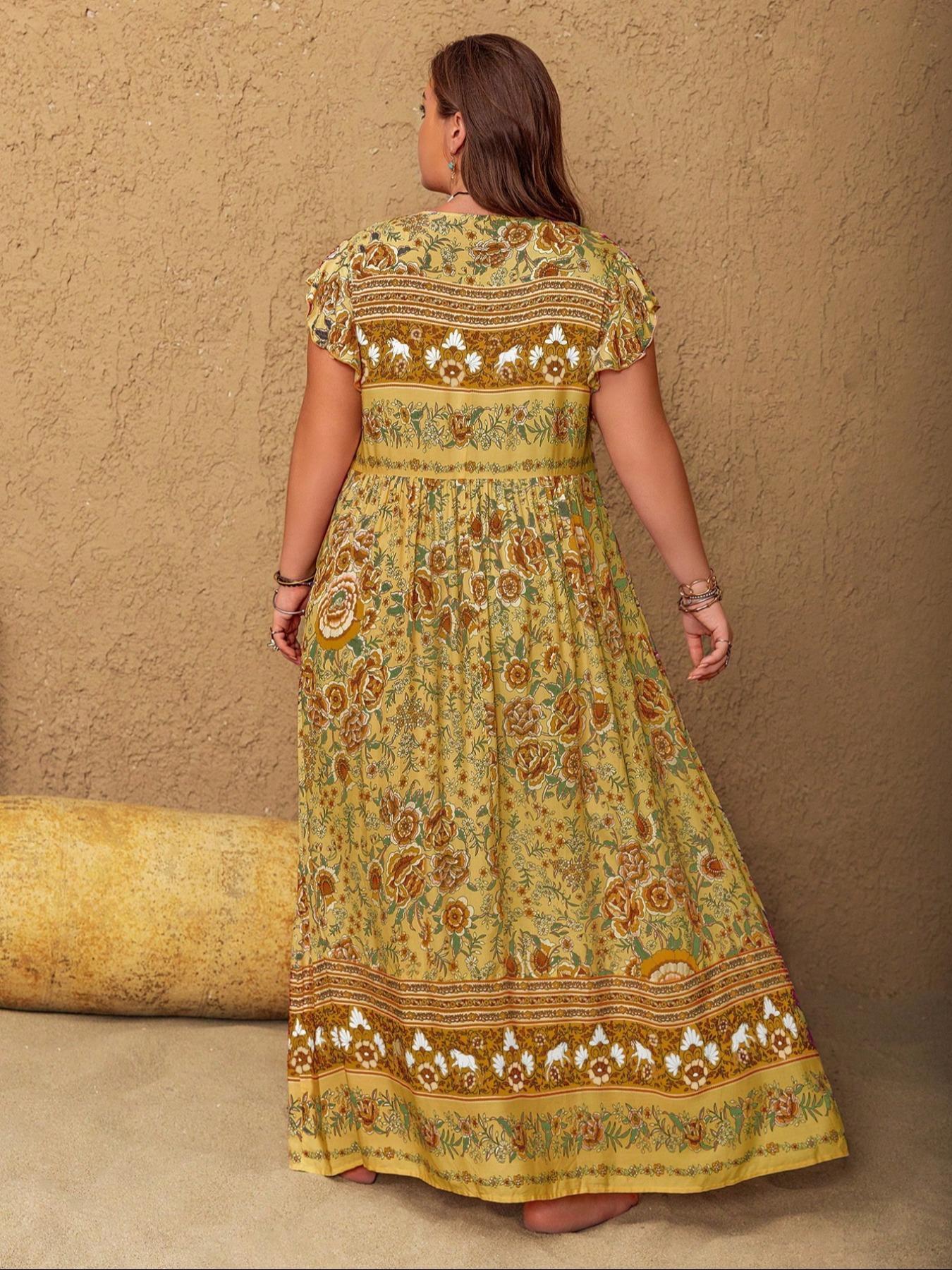 Plus Size Floral Print V-Neck Maxi Dress, Boho Fashion Casual Short Sleeve Dress for Daily Vacation Wear, Women's Clothing for All Seasons, Bohemian Sundress