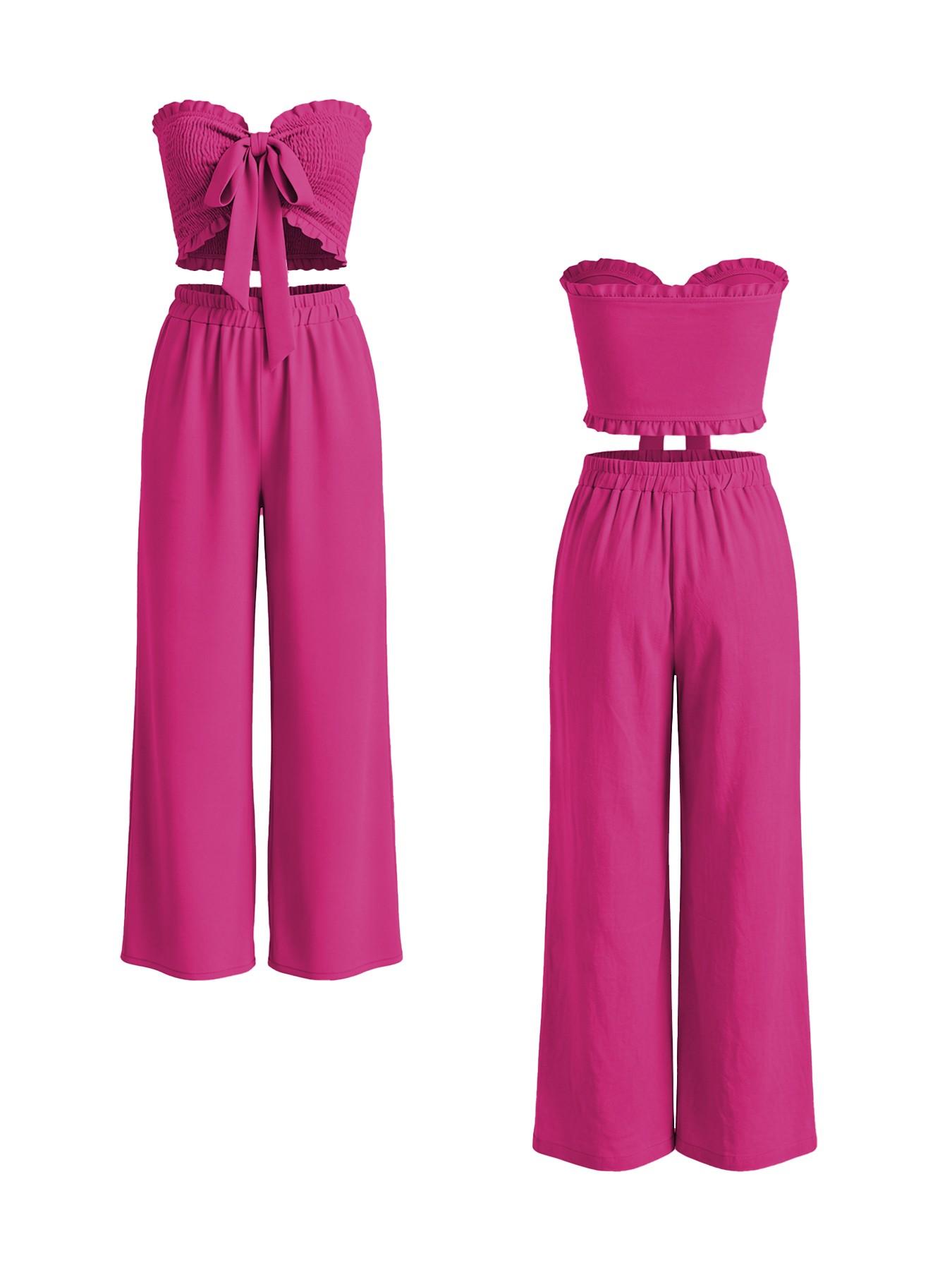 Women's 2-Piece Vacation Set, Fit, Strapless Top with Tie-Up Design, High-Waisted Wide-Leg Pants, Perfect for Beach Parties, Womenswear