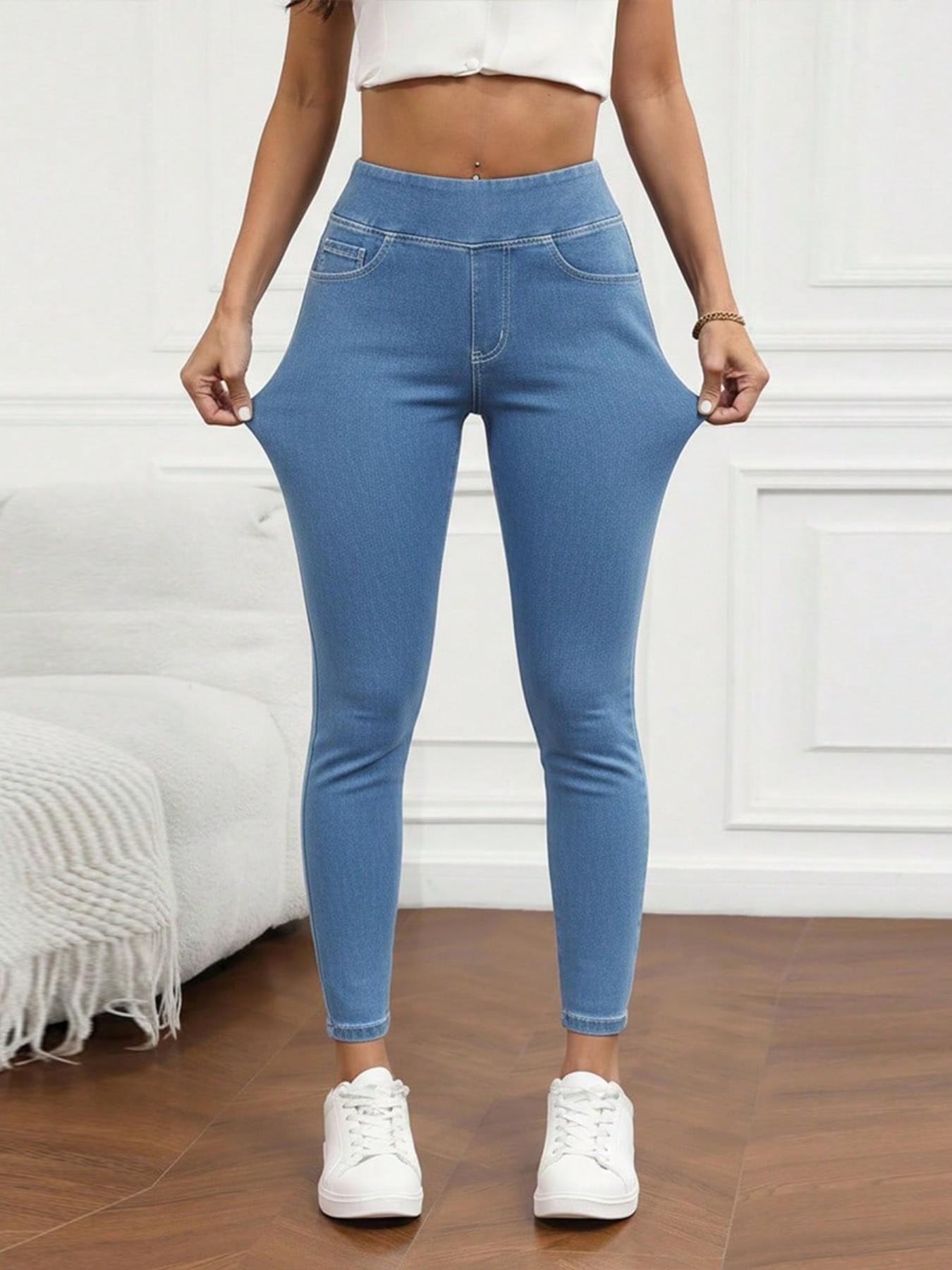 Women's High-Waisted Compression Denim Long Pants, Ultra-Elastic Waistband, Stretchy Slim Fit Streetwear, Casual Jeans