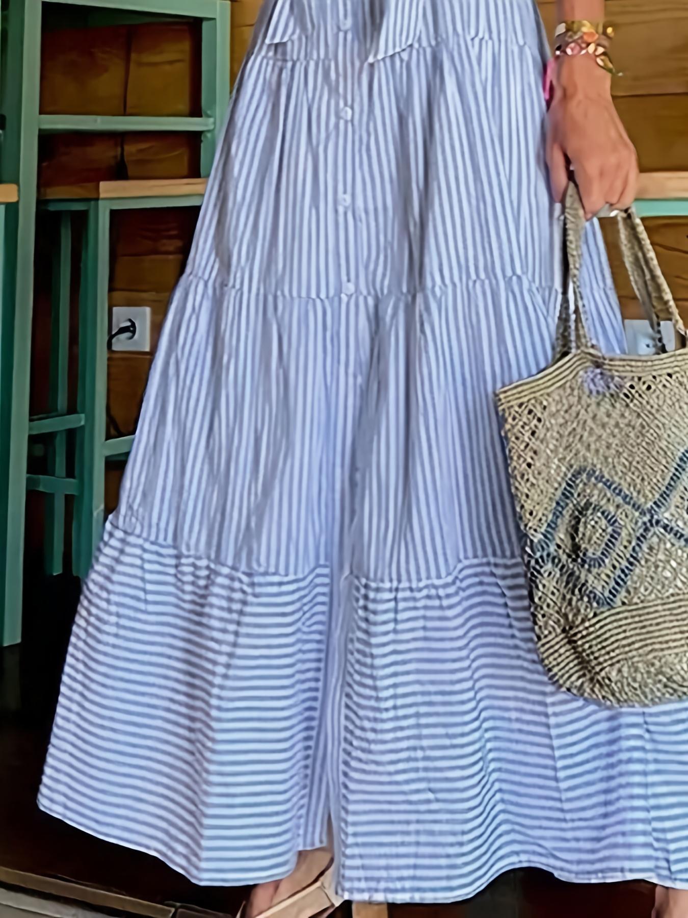 Women's Striped Print Adjustable Belted Button Dress, Elegant Casual Long Dress for Summer, Women's Clothing for Daily Wear, Fit, Womenswear Women's Striped Print Adjustable Belted Button Dress, Elegant Casual Long Dress for Summer, Women's Clothing for Daily Wear, Fit, Womenswear