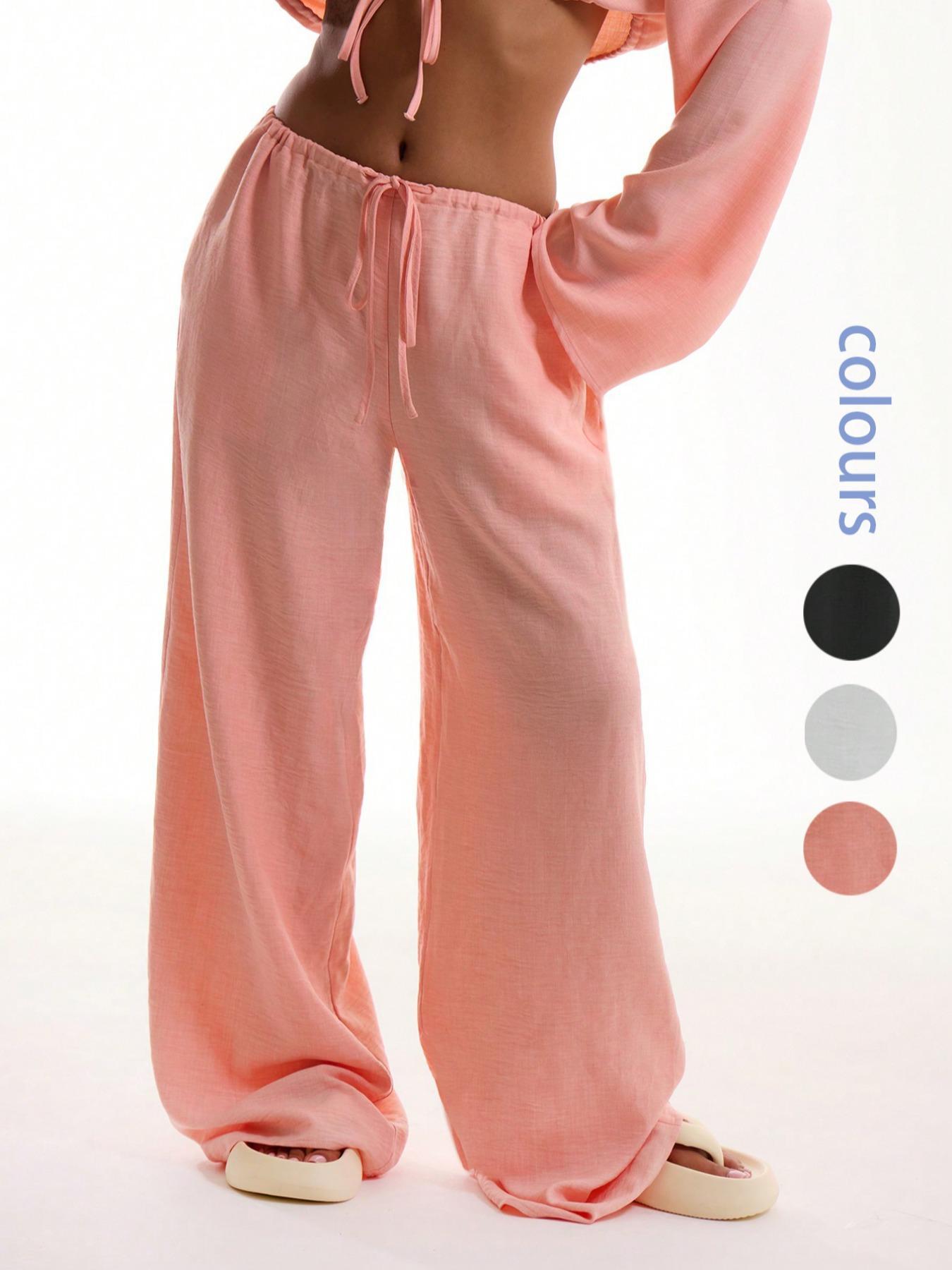 Women's Solid Pocket Pants, Casual Comfy Woven Fabric Wide Leg Trousers for Beach Vacation Holiday, Ladies Bottoms for All Seasons, Baggy Legged Pants