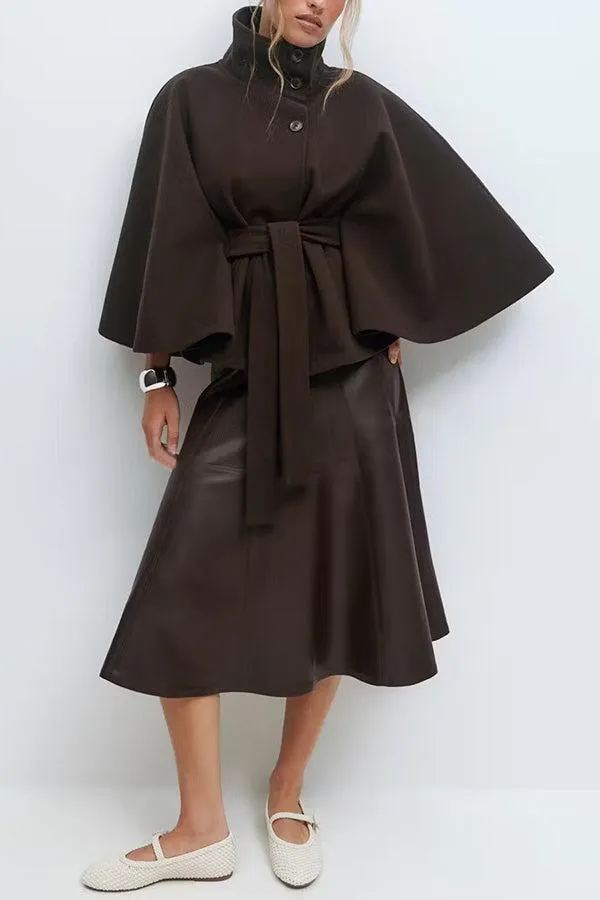 Women's Plain Front Buckle Belted Woolen Cape Coat, Casual Fall & Winter Outerwear, Stylish Daily Wear for Dating, Jackets