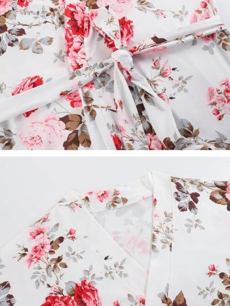 【Plus Size】 Three-Piece Set Floral Print Belted Lounge Robe & Cami Top & Elastic Waist Pants Pyjama Set, Elegant Comfy Drop Shoulder Long Sleeve Robe & Sleeveless Top & Bow Decor Trousers PJ Set, Women's Sleepwear for Spring & Fall, Pajamas