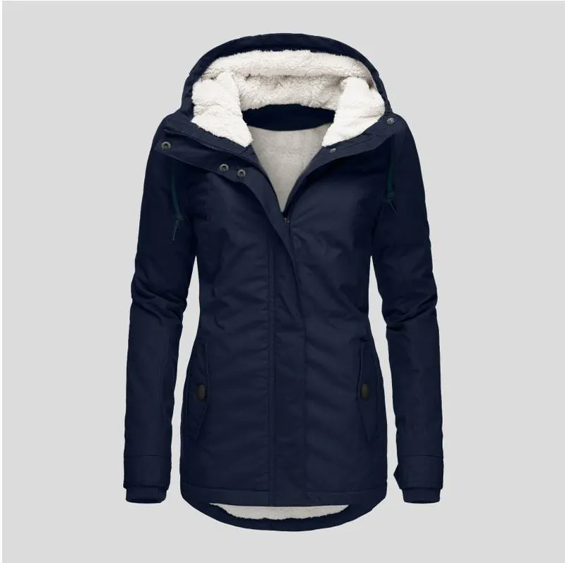 Winter Thickened Cotton Parka with Fleece Lining Hooded Warm Coat Mid-Length Women's Fitted Long Sleeve Outerwear Black Imitation Fur Tops for Casual Basic Minimalist Womenswear Elegance Style - Jackets Winter Thickened Cotton Parka with Fleece Lining Hooded Warm Coat Mid-Length Women's Fitted Long Sleeve Outerwear Black Imitation Fur Tops for Casual Basic Minimalist Womenswear Elegance Style - Jackets