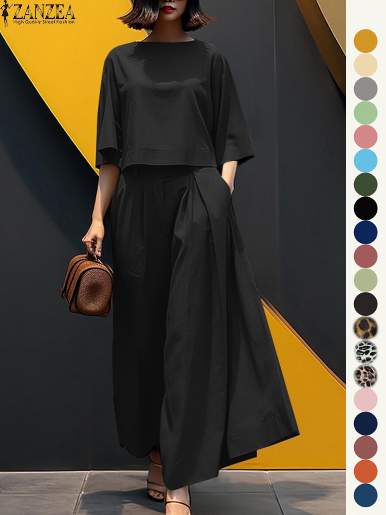 Women's Top & Wide Leg Pants Two-piece Set, Casual Fashion Minimalist Cozy Three Quarter Length Sleeve Top & Trousers for Daily Outdoor Wear, Ladies Clothes for All Seasons, Womenswear Women's Top & Wide Leg Pants Two-piece Set, Casual Fashion Minimalist Cozy Three Quarter Length Sleeve Top & Trousers for Daily Outdoor Wear, Ladies Clothes for All Seasons, Womenswear
