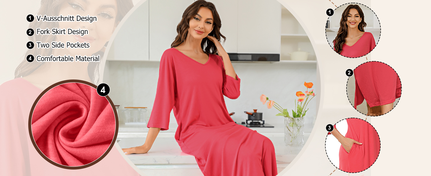 Bright pink women's dress with long sleeves and knee-length skirt. Multiple images show fabric texture, front view, and side view of the dress.