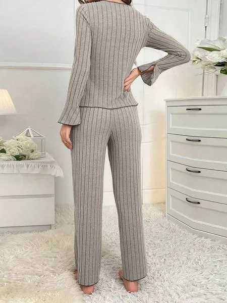 Women's Solid Lettuce Trim Top & Pants Loungewear Two-Piece Set, Casual Comfy Long Sleeve V Neck Top & Trousers PJ Set, Ladies Sleepwear for All Seasons Women's Solid Lettuce Trim Top & Pants Loungewear Two-Piece Set, Casual Comfy Long Sleeve V Neck Top & Trousers PJ Set, Ladies Sleepwear for All Seasons