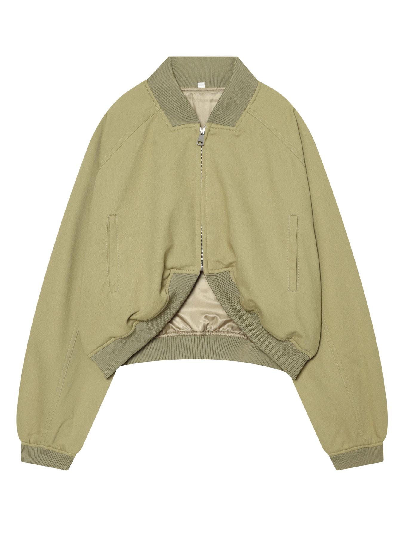 Women's Olive Green Loose Cropped Basic Bomber Jacket, Casual Zipper Coat, Vintage Casual Full-Zip Outerwear with Ribbed Collar & Cuffs, Side Pockets, Streetwear Layering Coat for Spring & Summer