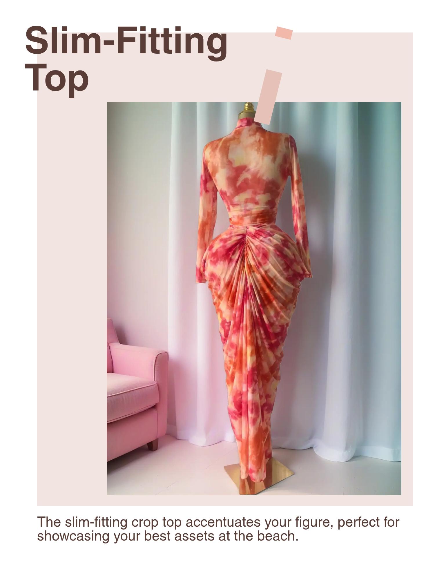 PULKRITU Elegant Women's Tie Dye Printed Two Piece Set Outfits, Wrap Long Sleeve Crop Top + Ruched Maxi Skirt , Casual Beach Resort Birthday, Vacation Street Lady Two-Piece Set,Female Fashion 2 Piece Co-ord Set