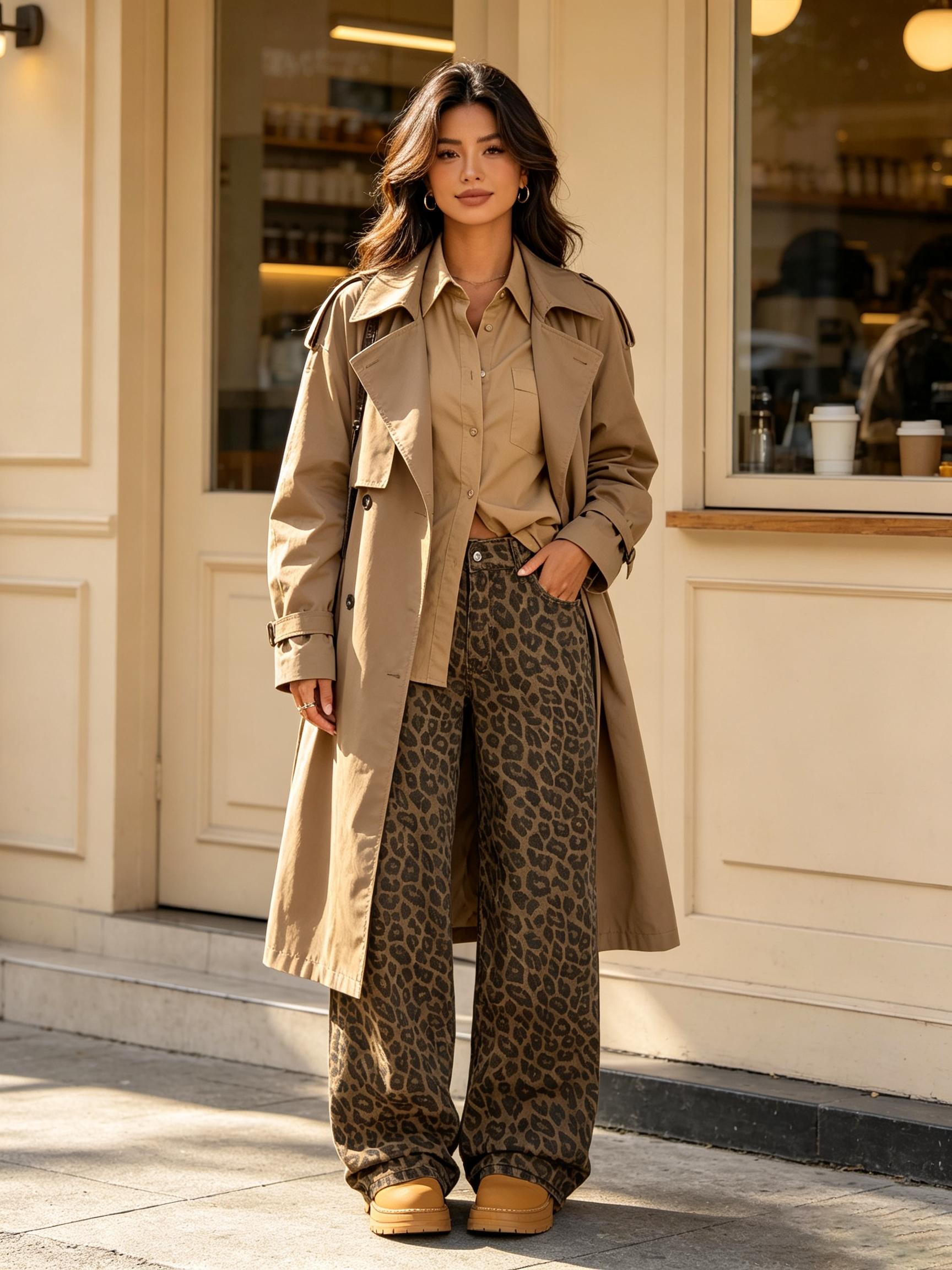 Women's Leopard Print Wide-Leg Oversized Pants, Loose-Fit Elastic Waist Button-Fly Trousers, Casual Trousers, Multiple Colors Available, Boho Style Pants, Bohemian Casual Pants, Casual Fashion Trousers