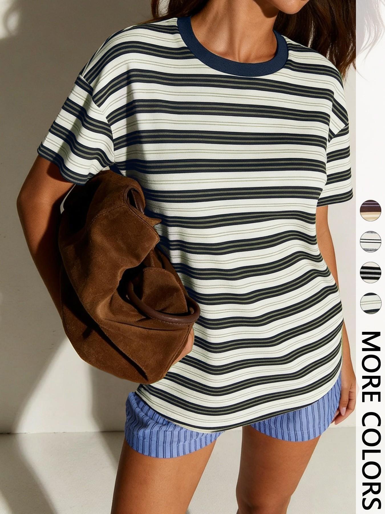 Striped Oversized Round Neck Short Summer Tee with Contrast Neckline, Effortlessly Cool Casual Chic Everyday Top Fit