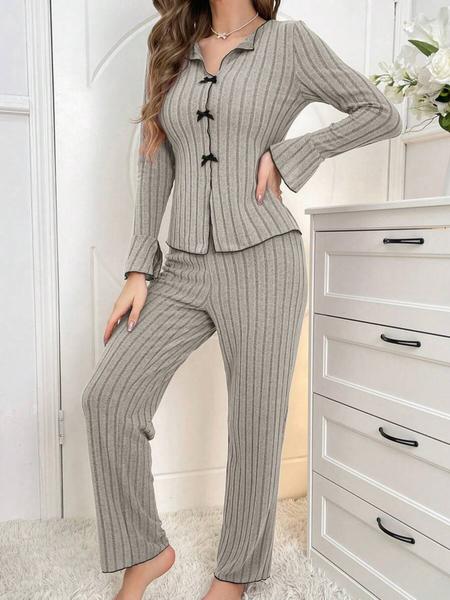 Women's Solid Lettuce Trim Top & Pants Loungewear Two-Piece Set, Casual Comfy Long Sleeve V Neck Top & Trousers PJ Set, Ladies Sleepwear for All Seasons Women's Solid Lettuce Trim Top & Pants Loungewear Two-Piece Set, Casual Comfy Long Sleeve V Neck Top & Trousers PJ Set, Ladies Sleepwear for All Seasons