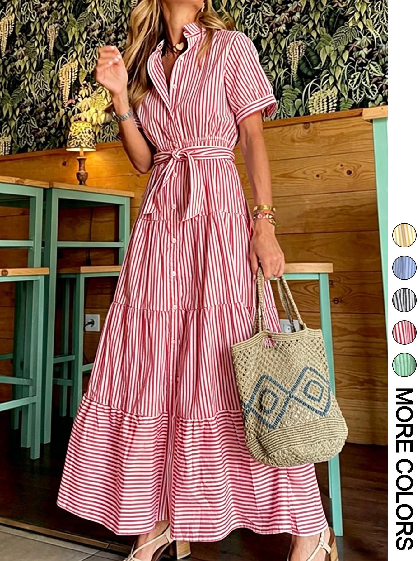 Women's Striped Print Adjustable Belted Button Dress, Elegant Casual Long Dress for Summer, Women's Clothing for Daily Wear, Fit, Womenswear Women's Striped Print Adjustable Belted Button Dress, Elegant Casual Long Dress for Summer, Women's Clothing for Daily Wear, Fit, Womenswear