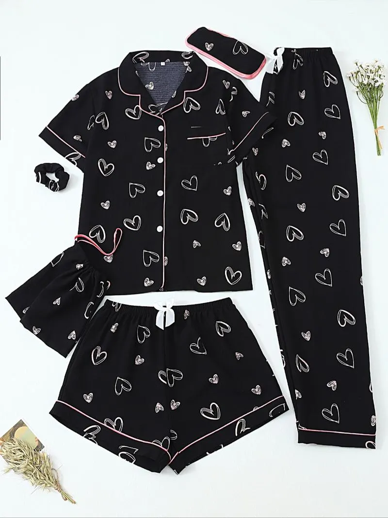 Women's All Over Print Top & Shorts & Pants & Accessories Pyjama Set, Casual Comfy Pj Set, Ladies Sleepwear for All Seasons Women's All Over Print Top & Shorts & Pants & Accessories Pyjama Set, Casual Comfy Pj Set, Ladies Sleepwear for All Seasons