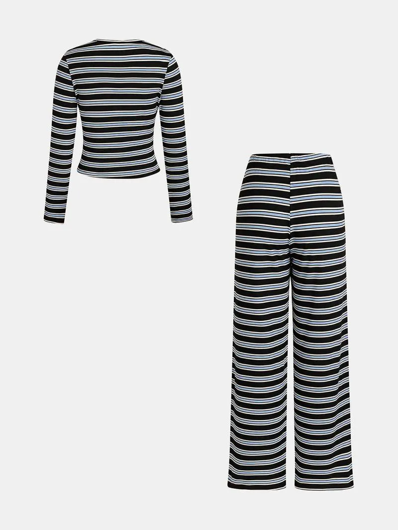 Women's Casual Colorblock Striped Long Sleeve Top & Loose-Fit Pants Set, Perfect for Holidays, Commuting, Daily Wear Women's Casual Colorblock Striped Long Sleeve Top & Loose-Fit Pants Set, Perfect for Holidays, Commuting, Daily Wear