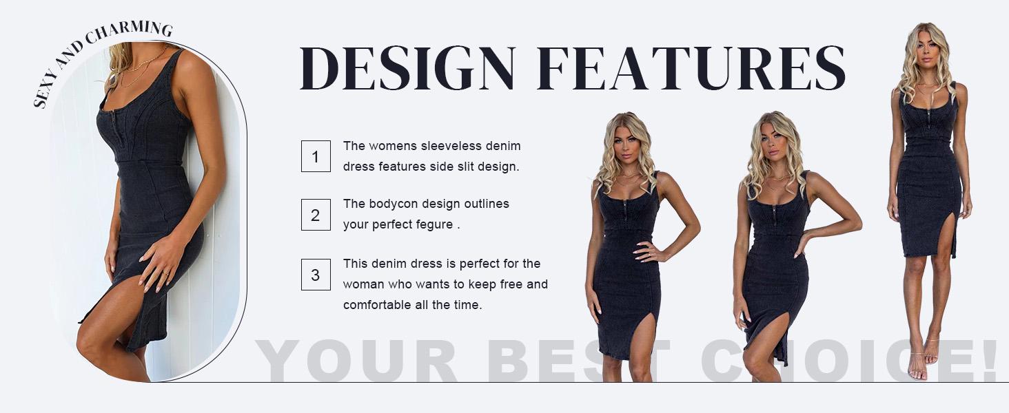 utcoco Women's Sleeveless Denim Bodycon Midi Dress - Casual Wear with Side Slit, Elegant Fit, 2026 Chic Design, Imported, Machine Washable