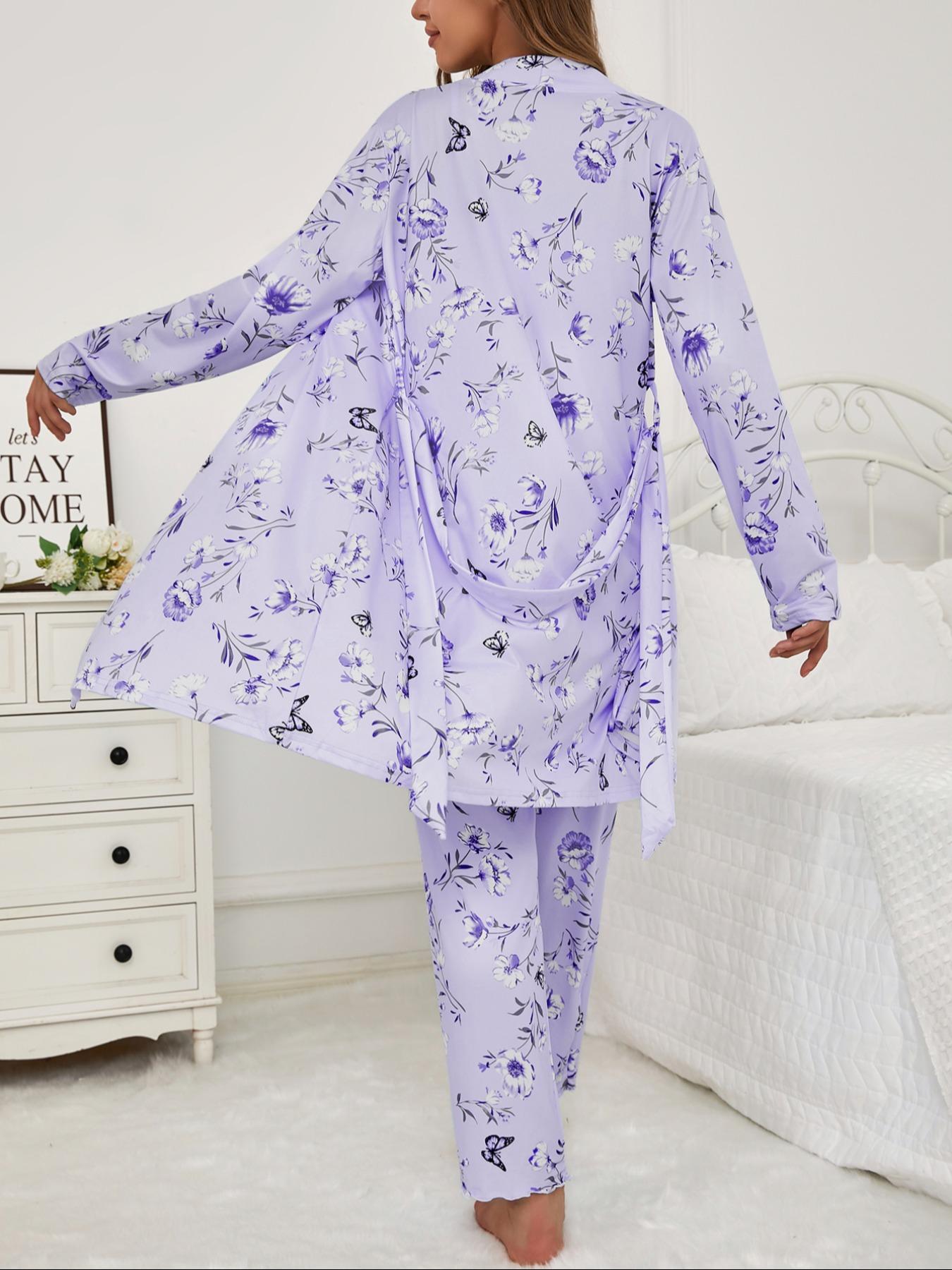 Three-Piece Set Women's Floral Butterfly Print Belted Long Sleeve Lounge Robe & Lettuce Trim Cami Top & Pants Pyjama Set, Casual Comfy Sleepwear & Loungewear for Women, Ladies Pajama Set for All Seasons, Summer Lounge Set