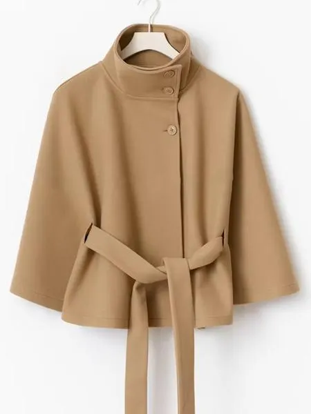 Women's Plain Front Buckle Belted Woolen Cape Coat, Casual Fall & Winter Outerwear, Stylish Daily Wear for Dating, Jackets
