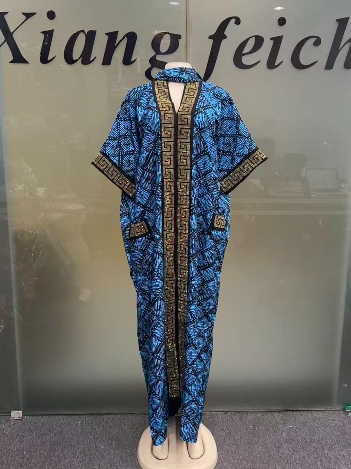 Plus Size African-Style Kaftan Dress for Women, Geometric Print Ethnic Loose V-Neck Boubou with Pockets for Casual Boho Chic Party Wear, Comfortable and Stylish, Bohemian Dress, Boho Dresses
