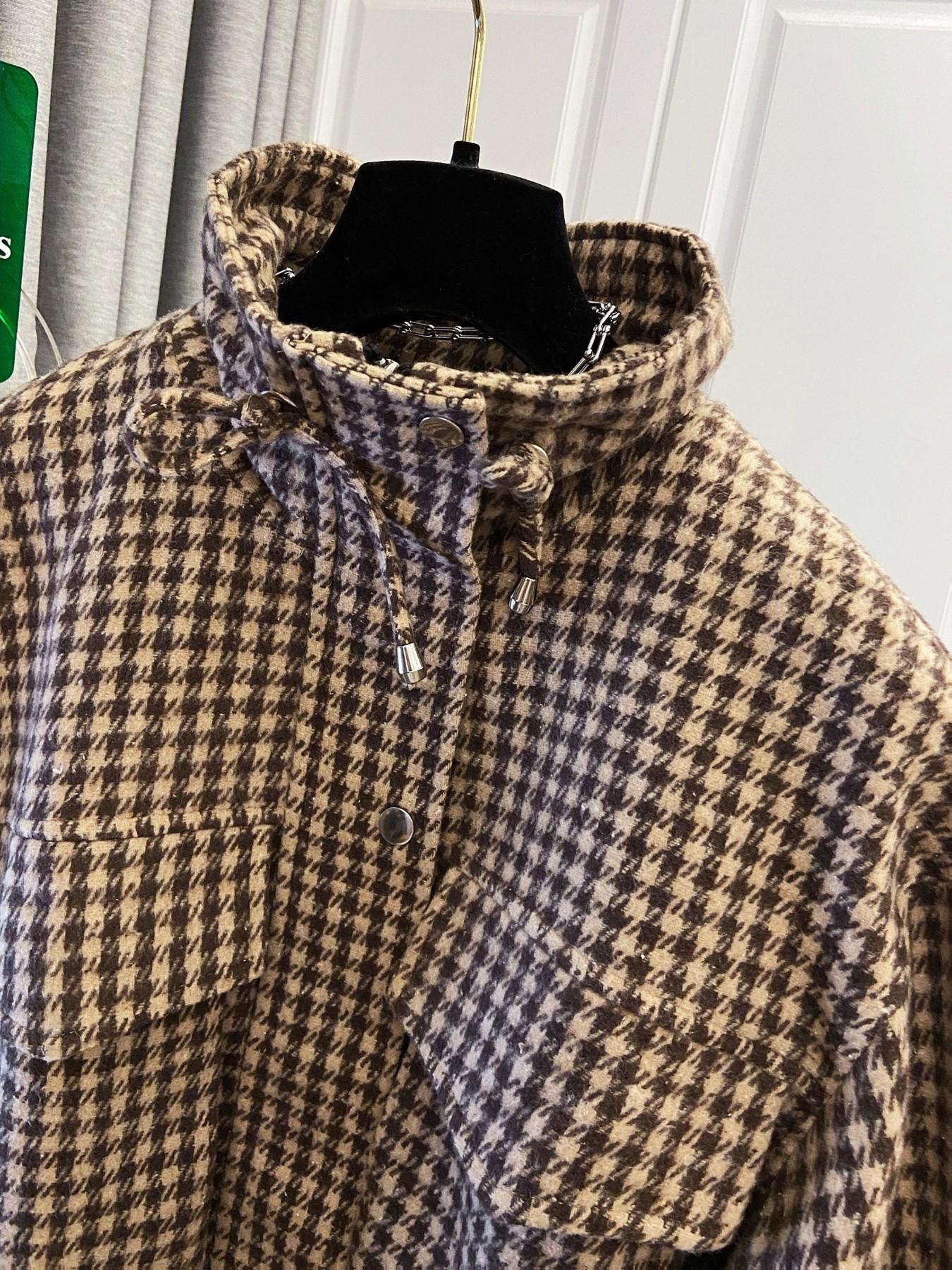 Women's Fashion Retro Plaid Stand Collar Short Coat, Drawstring Design, Zipper Front, Perfect for Fall Winter Daily Holiday Outing