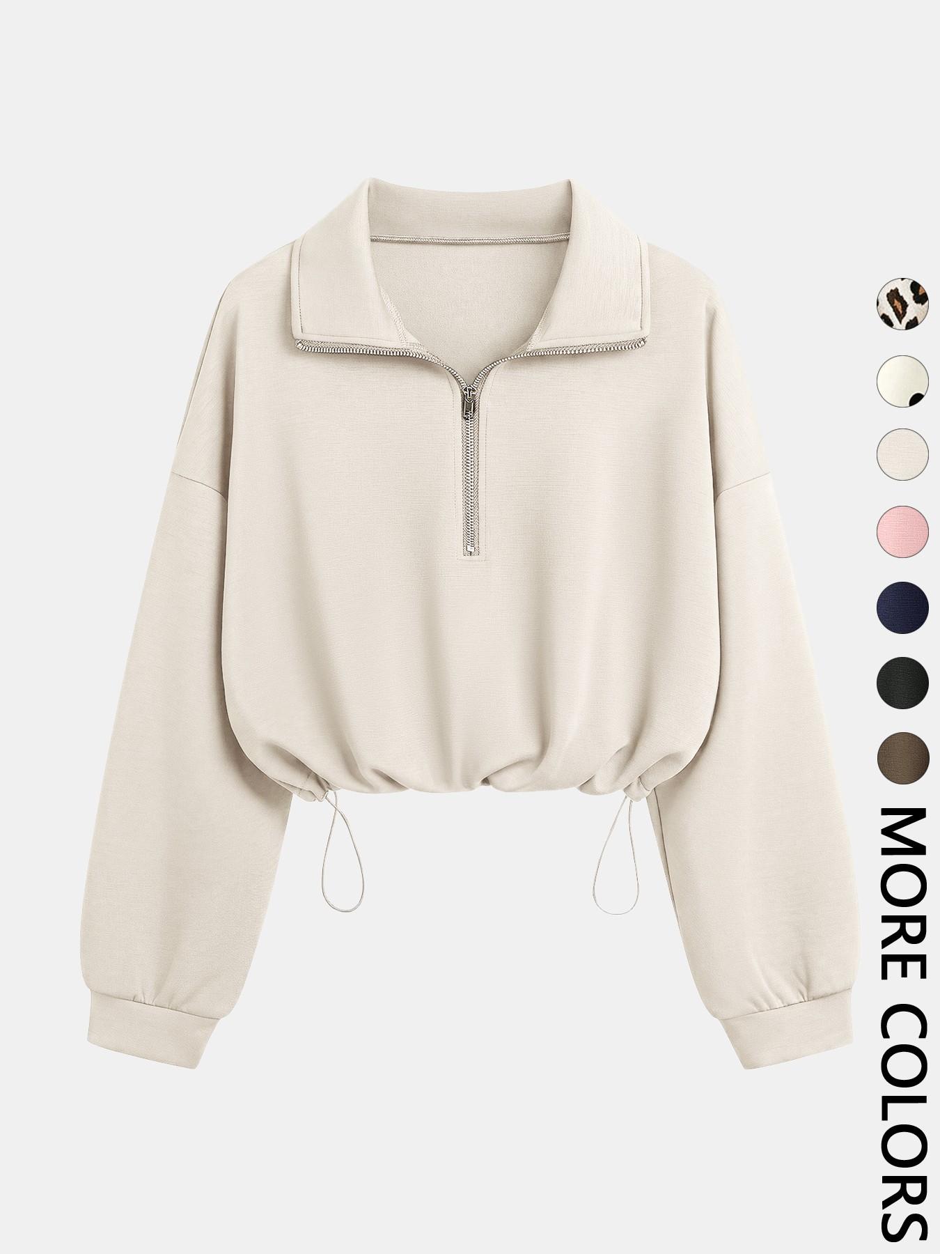 Women's Half-Zip Stand Collar Drawstring Adjustable Short Sweatshirt, Spring & Fall Casual Fashion, Comfortable and Stylish