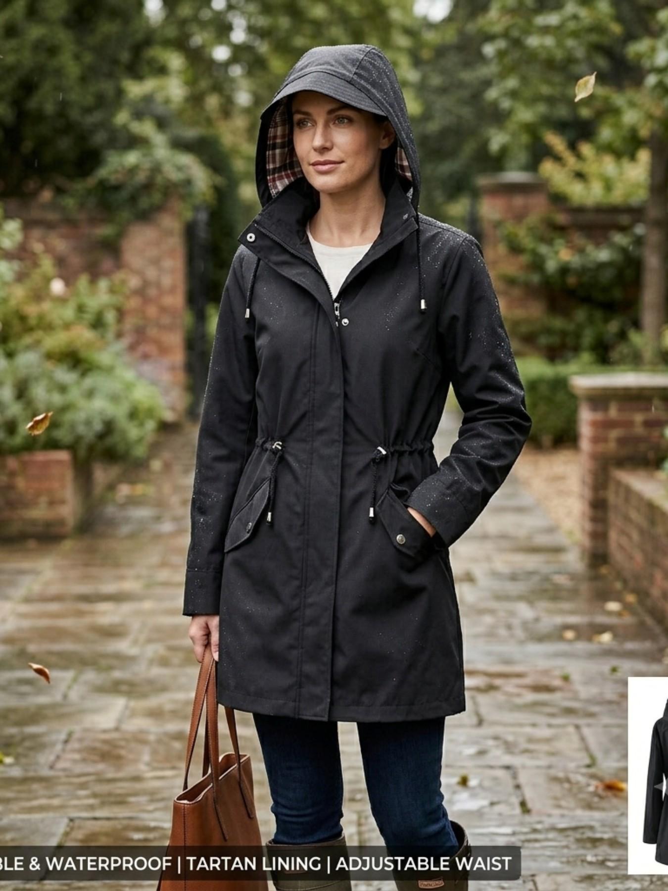 Women's Solid Color Drawstring Zip Up Hooded Trench Coat Raincoat, Casual Long Sleeve Waterproof Windproof Breathable Outerwear for Spring & Fall, Ladies Clothes for Daily Wear