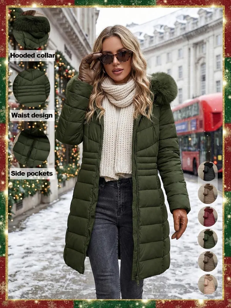 Women's Casual Hooded Waterproof Cotton Jacket, Lightweight Down Coat with Pockets, Loose Fit Thick Fabric for Fall & Winter