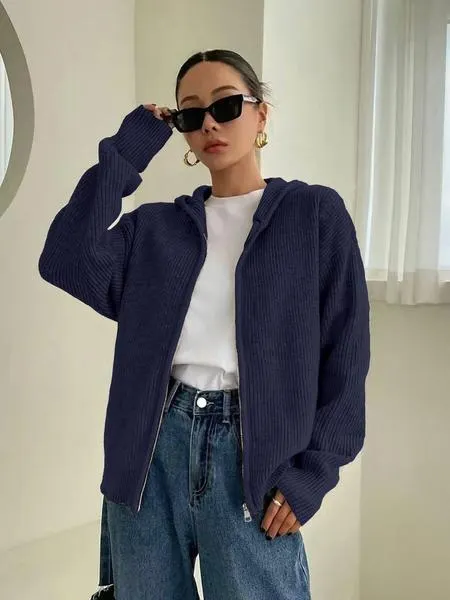 Women's Solid Color Zip Up Hooded Sweater Cardigan, Casual Long Sleeve Knitwear for Fall & Winter, Fashion Ladies' Knit Clothing for Daily Wear Women's Solid Color Zip Up Hooded Sweater Cardigan, Casual Long Sleeve Knitwear for Fall & Winter, Fashion Ladies' Knit Clothing for Daily Wear