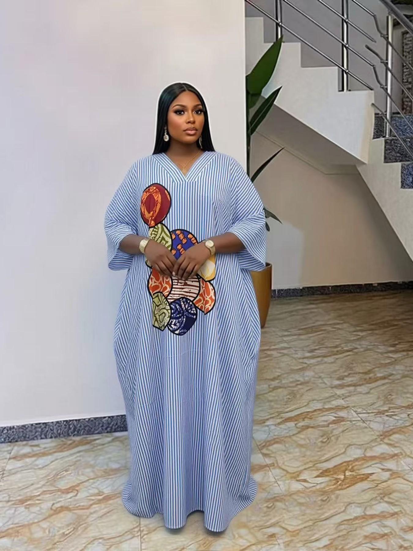 Plus Size Women's Fashion Chic Striped Print V-Neck Dress, Casual Daily Wear, Boho Summer, Ethnic Boubou Kaftan for Party & Beach