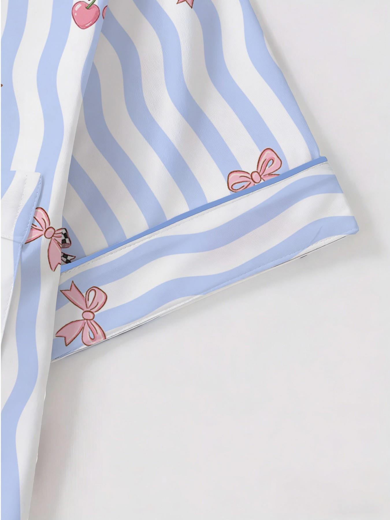 Women's Short Sleeve Button Down Top and Shorts Pajama Set, Spring Summer Wear, Loose Loungewear, For Preppy Style Lovers, Blue White Striped Preppy Cherry Print, Classic Lapel Collar, Loose Fit, Comfortable For Study & Relaxing, Matching Pj Set