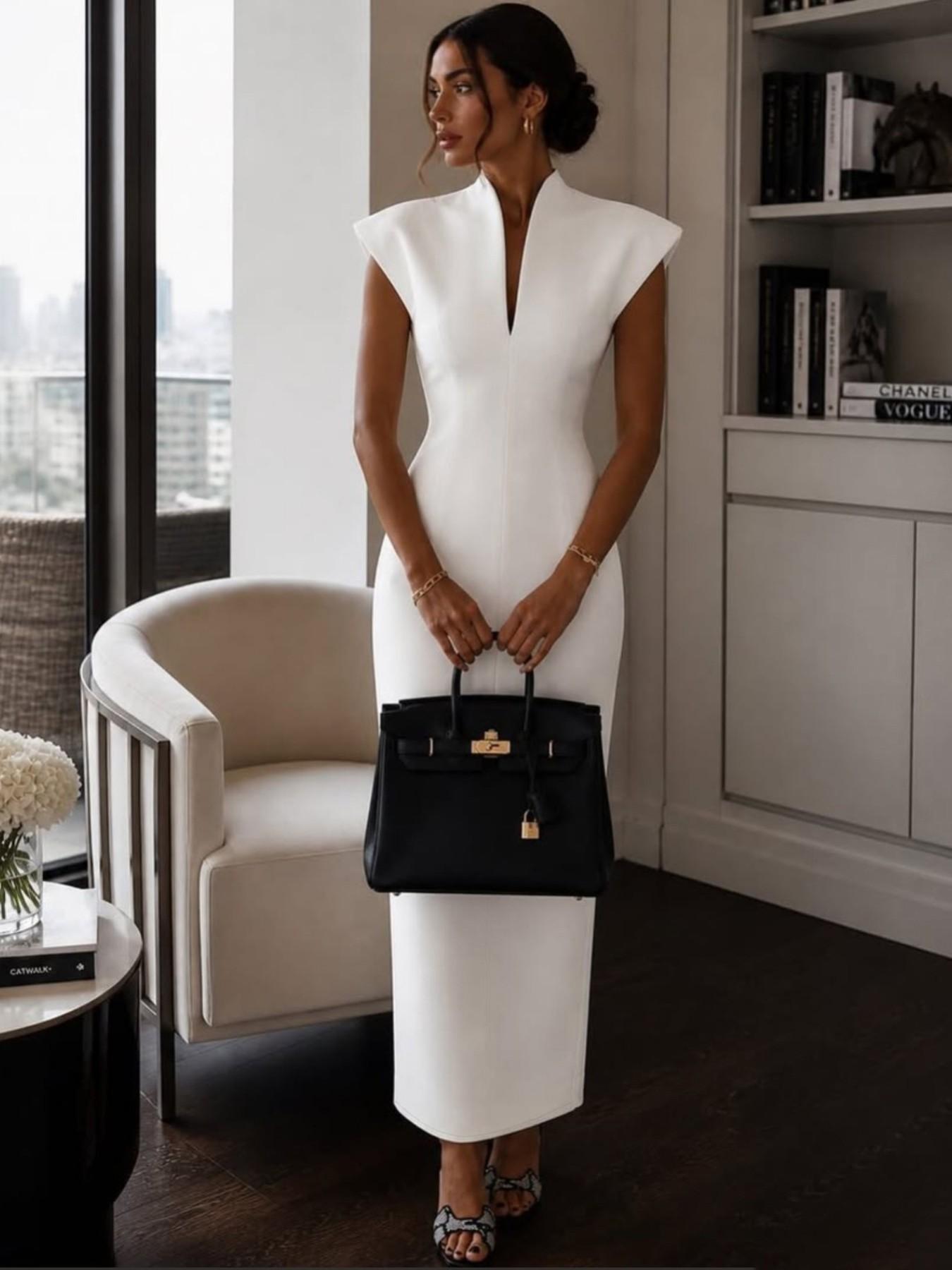 2026 Summer New Stand Collar V Neck Sleeveless High Waist Bodycon Dress, Solid Color Elegant Slimming Party Gown, Fashionable A-Line Skirt