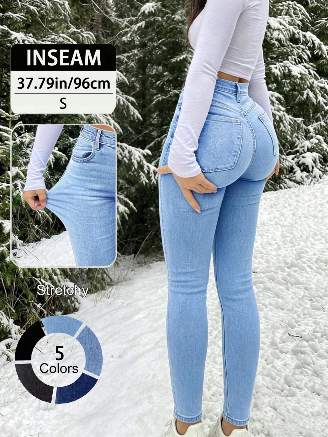 New Elegant Casual Slim-Fitting High Waisted Fitted Long Denim Jean Pants for Women, Stretchy Button Fly Design, All-Season Plain Surface Trousers