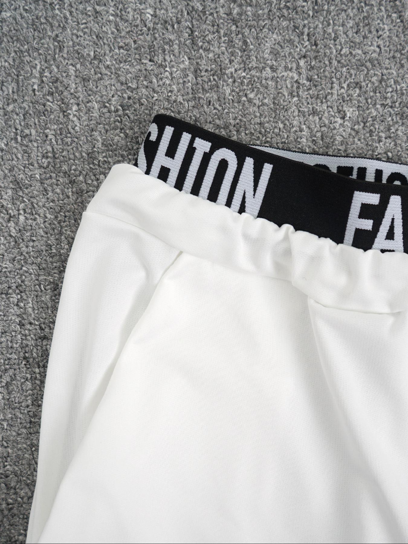 Hot-girl Style Contrast Binding Short Top and Letter Tape Wide Leg Pants, Women's Black & White Two-piece Set Hot-girl Style Contrast Binding Short Top and Letter Tape Wide Leg Pants, Women's Black & White Two-piece Set