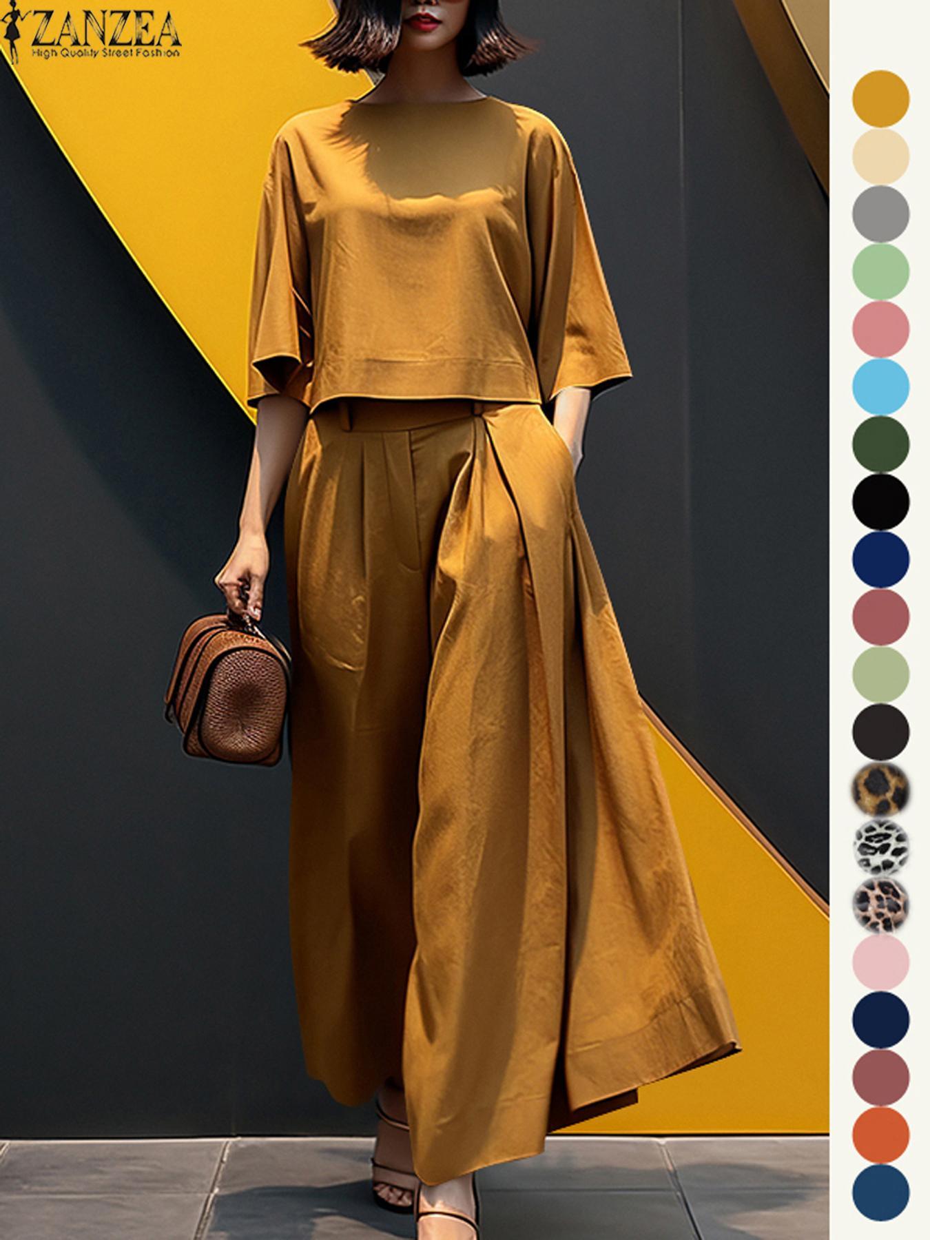 Women's Top & Wide Leg Pants Two-piece Set, Casual Fashion Minimalist Cozy Three Quarter Length Sleeve Top & Trousers for Daily Outdoor Wear, Ladies Clothes for All Seasons, Womenswear Women's Top & Wide Leg Pants Two-piece Set, Casual Fashion Minimalist Cozy Three Quarter Length Sleeve Top & Trousers for Daily Outdoor Wear, Ladies Clothes for All Seasons, Womenswear