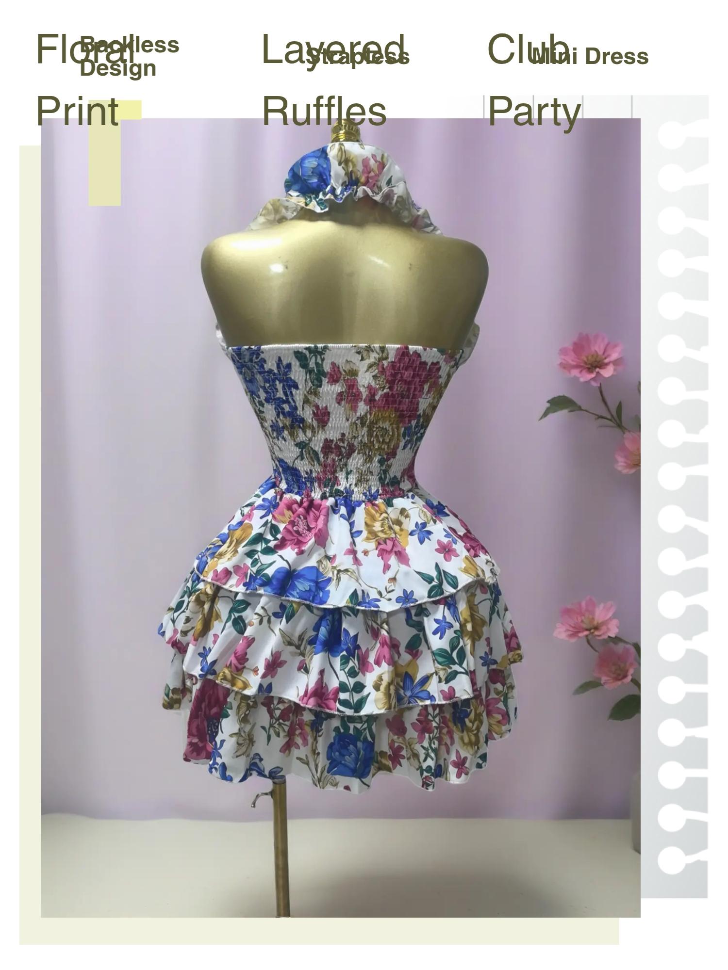 PULKRITU Elegant Women's Floral Print Backless Strapless Layered Ruffle Mini Dress, Casual Party Outfit, Perfect for Club, Brunch, Graduation & Evening Events