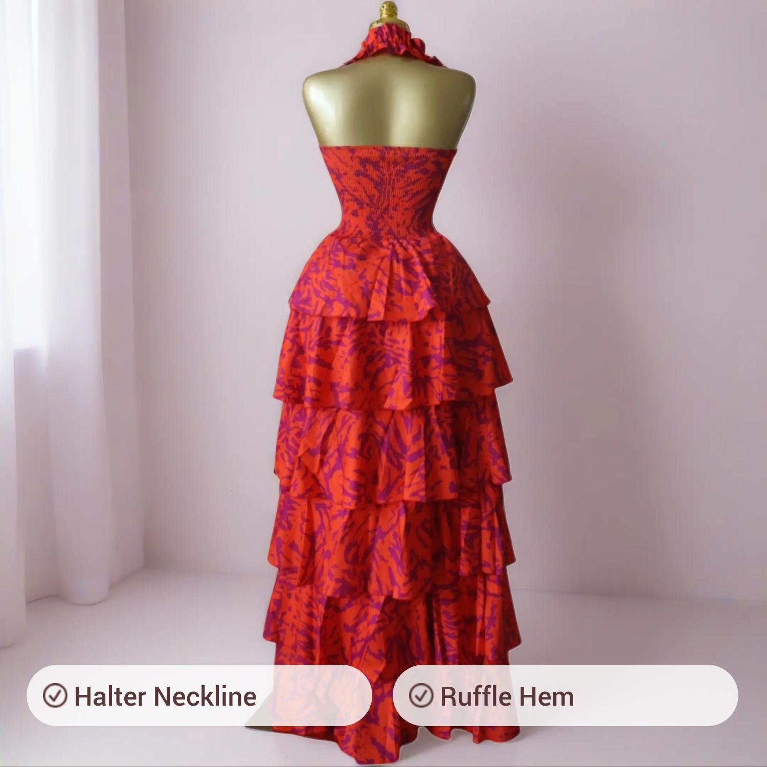 QFAF Women's Halter Neck, Floral Print Layered Ruffle Smock Maxi Dress, Floral Design Dress, Party Vacation Clothes, Sexy Style, Bohemian, Cacading Ruffles Gown A-line Dresses