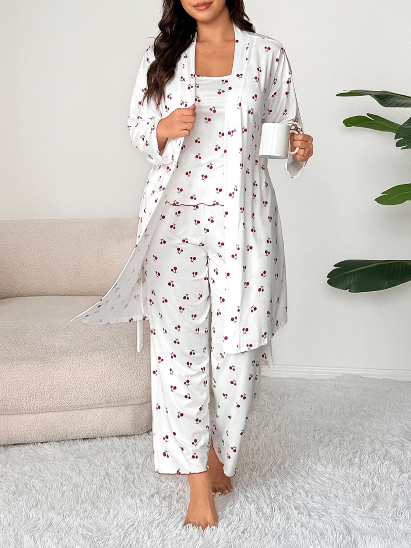 Plus Size Cherry Print Women's Sweet Comfortable Belted Robe & Sleeveless Long Pants & Cami Set, Three-Piece Pajama Sleepwear, Casual Home Wear