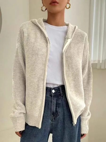 Women's Solid Color Zip Up Hooded Sweater Cardigan, Casual Long Sleeve Knitwear for Fall & Winter, Fashion Ladies' Knit Clothing for Daily Wear Women's Solid Color Zip Up Hooded Sweater Cardigan, Casual Long Sleeve Knitwear for Fall & Winter, Fashion Ladies' Knit Clothing for Daily Wear